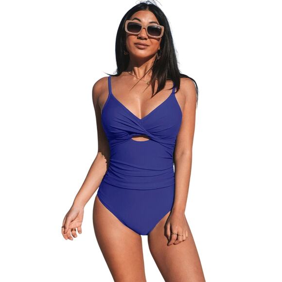Cupshe Women's Twisted Cutout One Piece Swimsuit Blue Size Large - Picture 2 of 7